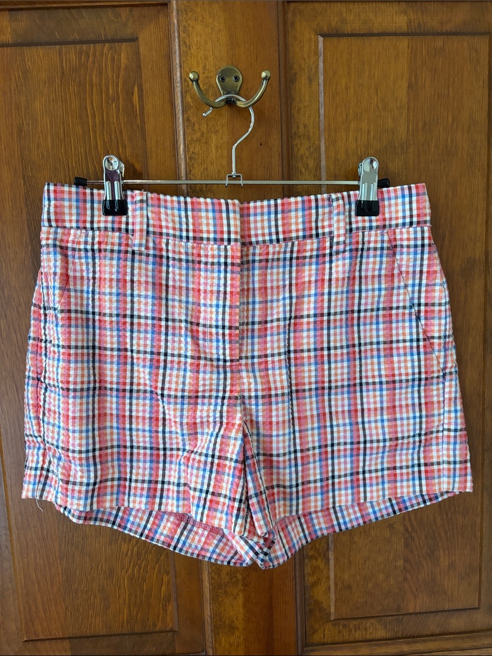 LOFT Coral and Blue Plaid Seersucker Shorts, 2P, NWOT